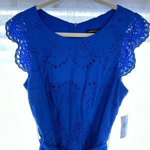 Blue Cap Sleeve Tie Waist Eyelet Dress